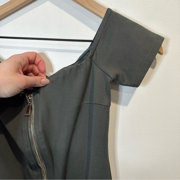 Xtaren Women’s Olive Green Front Zip Off the Shoulder Bodycon Midi Dress Small - Picture 5 of 7